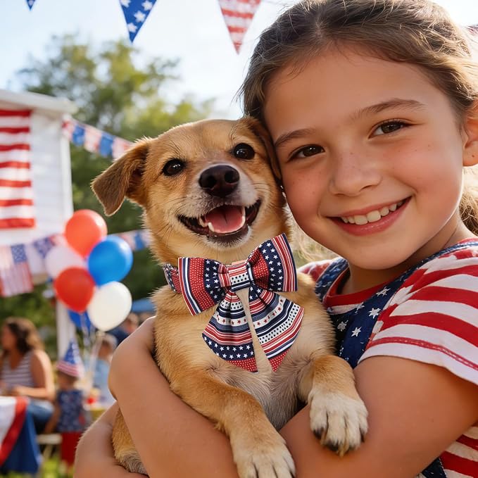American Flag 4 of July Dog Bow Collar, Independence Day Adjustable Patriotic Dog Collar with Sailor Bowtie for Large Dogs,L