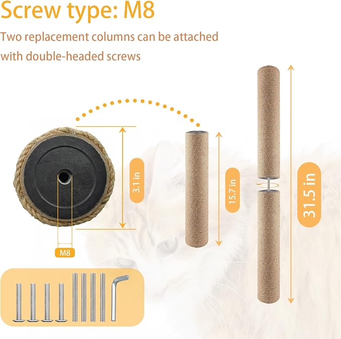 4 Pcs Cat Scratching Post Replacement for Indoor 15.7 x 3.1 Inches Cats Tree Replacement Parts Natural Jute Pole Part Cat Scratch Posts Refill with M8 Screws Spare Cat Furniture Accessories