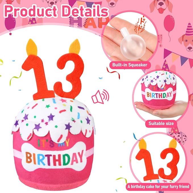Dansydaisy Dog Birthday Cake Toy Squeaky Plush Toy for Girl Boy Gifts, Chew Accessories for Dog Birthday Party Decor Favor for Large, Medium and Small Dogs(13th,Pink)