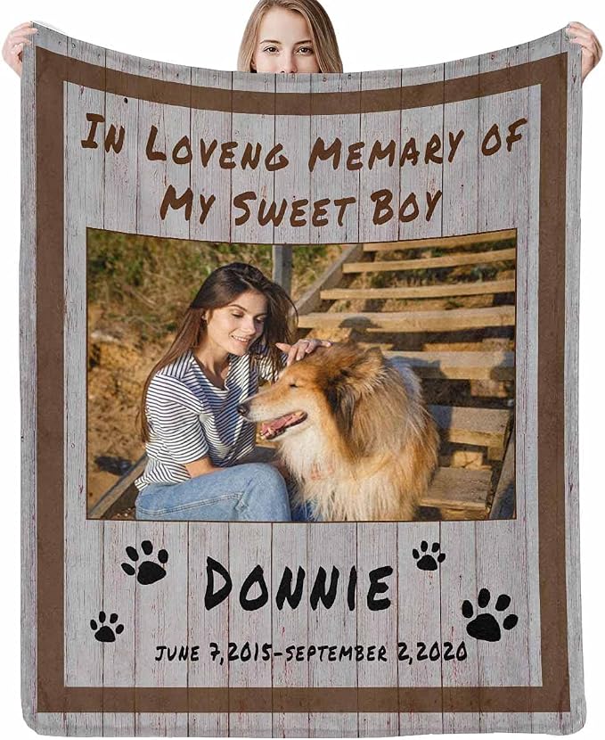 InterestPrint Dog Memorial Blanket Personalized with Pictures and Name, in Loving Memory Blanket for Pets, Personalized Fleece Blankets Gift for Cats Dogs