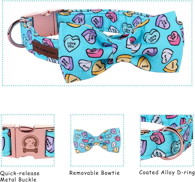 MR. CHUBBYFACE Valentine's Dog Collar with Bowtie, Cute Blue Heart Dog Collar with Metal Buckle, Adjustable Cotton Collar for Small Medium Large Dogs