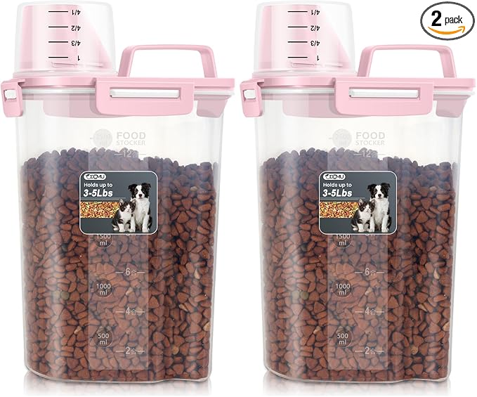 Dog Cat Food Storage Container with Cup (Pink, 2.5L (2 pack)) | Pet Food Pourable Container Airtight with Large Spout, BPA-Free Plastic Food Dispenser for Pet Food, Bird Seed, Rice, Flour