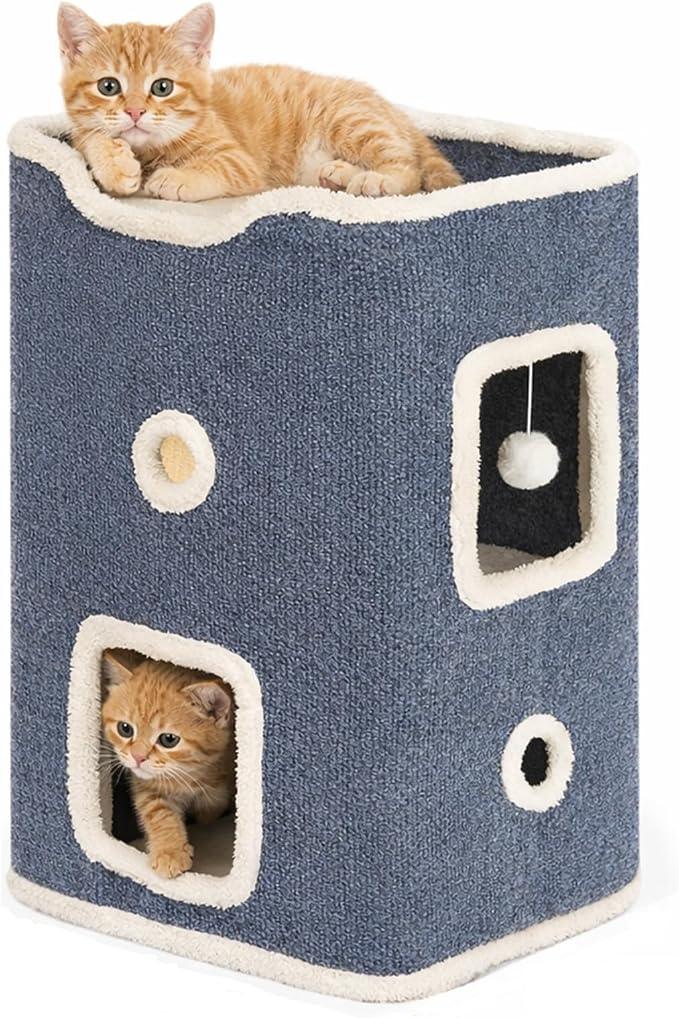 Cat House, Cat Beds for Indoor Cats, 2-Story Cat Condo Cube | Cat Bed Cave with Scratch Pad and Fluffy Ball Hanging, Multi-Level Cozy Hideout Center Ideal for Small/Medium Cats