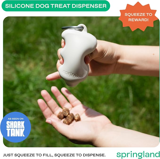 Springland Silicone Dog Training Treat Pouch for Leash, Oat | One-hand squeeze dispenser, food-grade silicone, BPA-free, carabiner included, easy-fill holder for rewards on the go