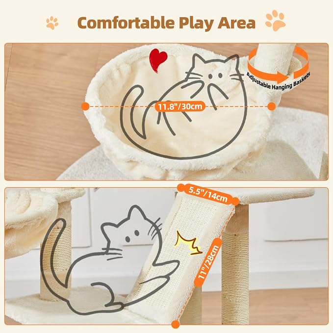 Taoqimiao Cat Tree, 38.5In Cat Tower for Indoor Cats, Suitable for Kittens | Thick Padded Top Perch, Luxurious Cat Condo, Adjustable Basket, 1-Piece Ramp Scratcher, 3 Natural Sisal Posts, Beige, MS029SM