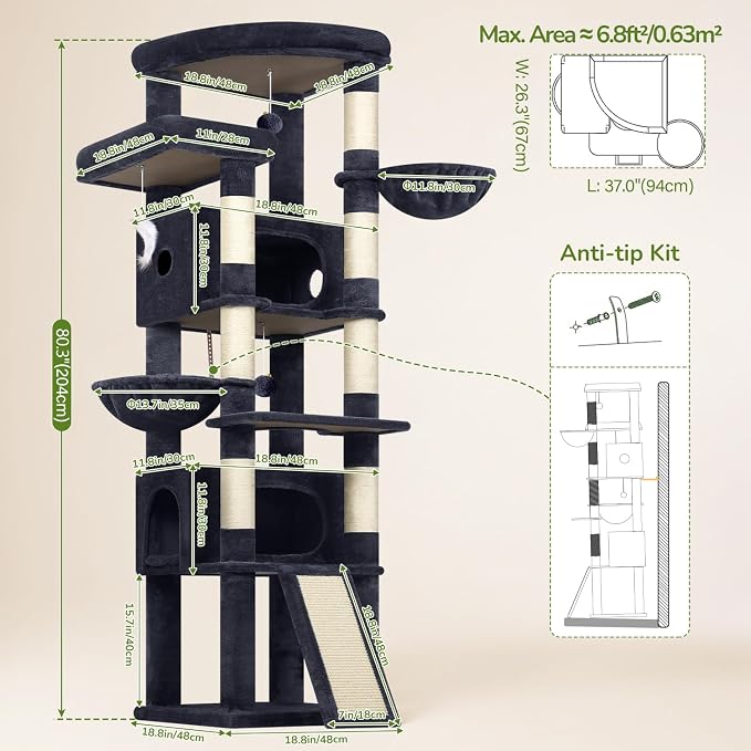 Globlazer 80in Tall Extra Large Heavy Duty Corner Cat Tree Tower, S80C | Sturdy Big Cat Tower for Indoor Cats Large Adult with Scratching Post, 2 Spacious Condos with Padding, 2 Perches, Dark Grey
