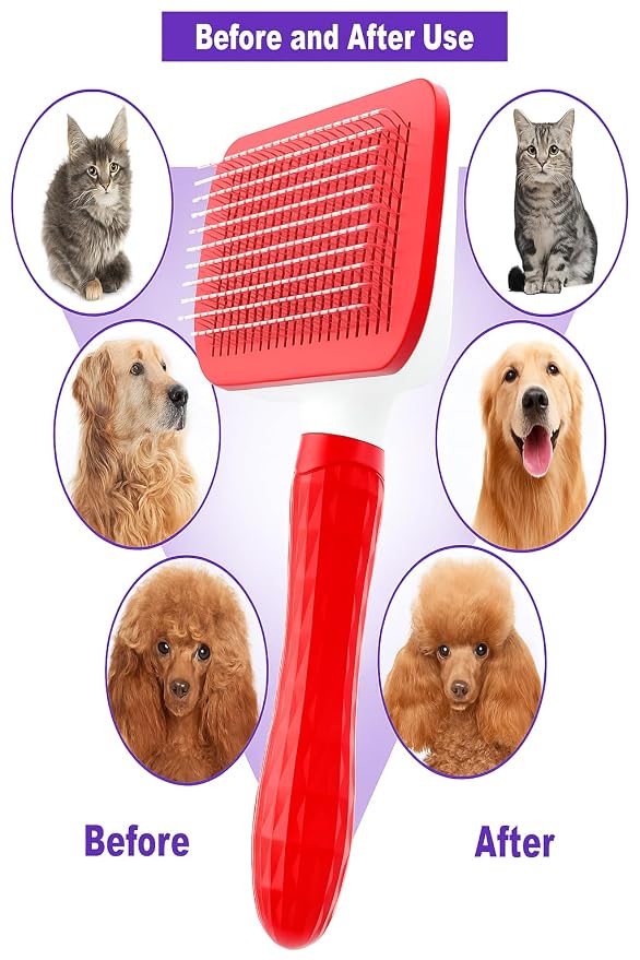 Self-Cleaning Slicker Brush, Dog Cat Bunny Pet Grooming Shedding Brush, Easy to Remove Loose Undercoat, Pet Massaging Tool Suitable for Pets with Long or Short Hair (Red)