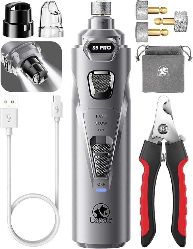 Whisper Quiet Dog Nail Grinder Safe & Stress-Free for Sensitive Dogs Cats | 4 LED Lights,3 Grinding Bits, 3-Speed, Pet Nail Trimmers, Rechargeable Painless Grooming Kit for All Breeds & Sizes