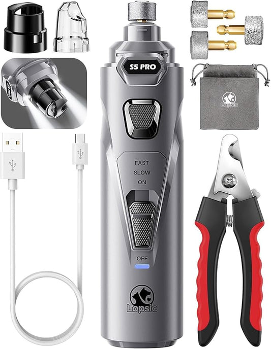 Whisper Quiet Dog Nail Grinder Safe & Stress-Free for Sensitive Dogs Cats | 4 LED Lights,3 Grinding Bits, 3-Speed, Pet Nail Trimmers, Rechargeable Painless Grooming Kit for All Breeds & Sizes