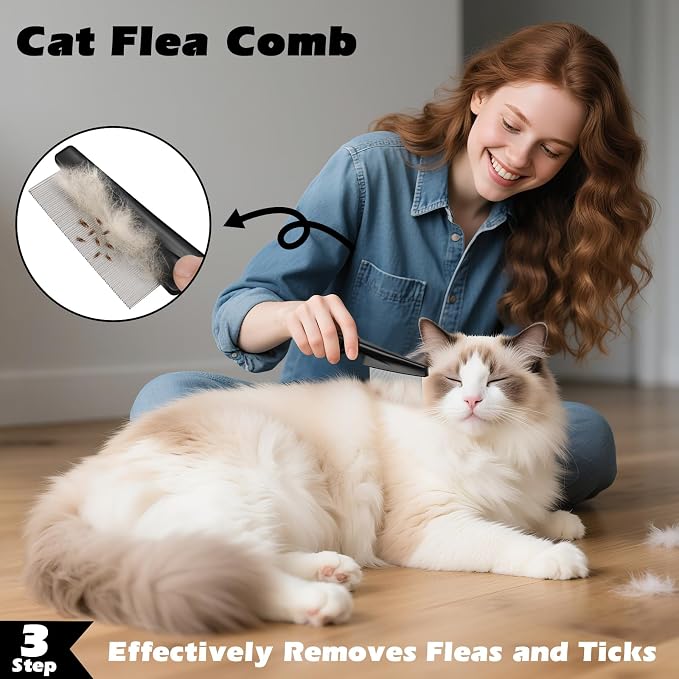 Comotech 3PCS Cat Grooming Supplies,Cat Brush & Nail Clipper/Trimmer & Flea Comb for Shedding Indoor Cats Dogs and Small Animals - Meet All Your Pet's Daily Grooming Needs - All in One Set (Green)