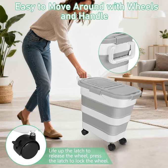 30LB Dog Food Storage Container with Wheels, Lid, Handle, Cup and Scoop | Collapsible Pet food Storage Containers, Airtight Food Storage Bin for Cat Dog Kibbles, Bird Seed, Rice, Flour, Cereal -Grey