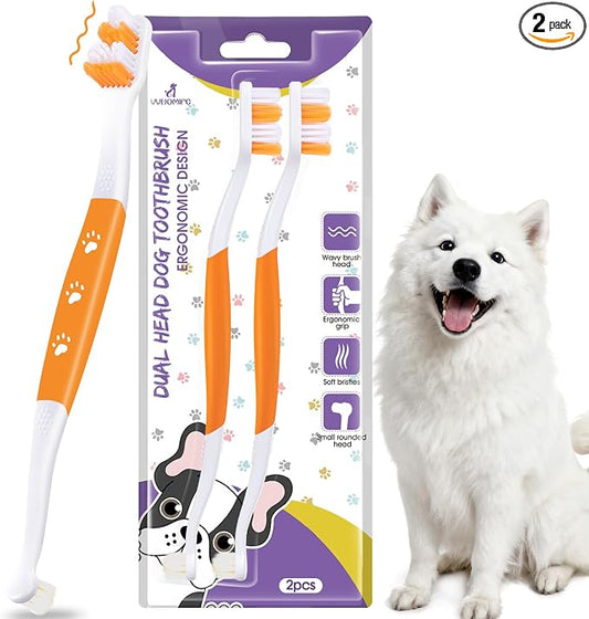 Dog Toothbrush, Dual-Head, for Medium-Large Dogs, Orange | Soft Bristles for Gentle Cleaning, 60° Curved Bristles for Better Coverage, Comfortable for Sensitive Gums