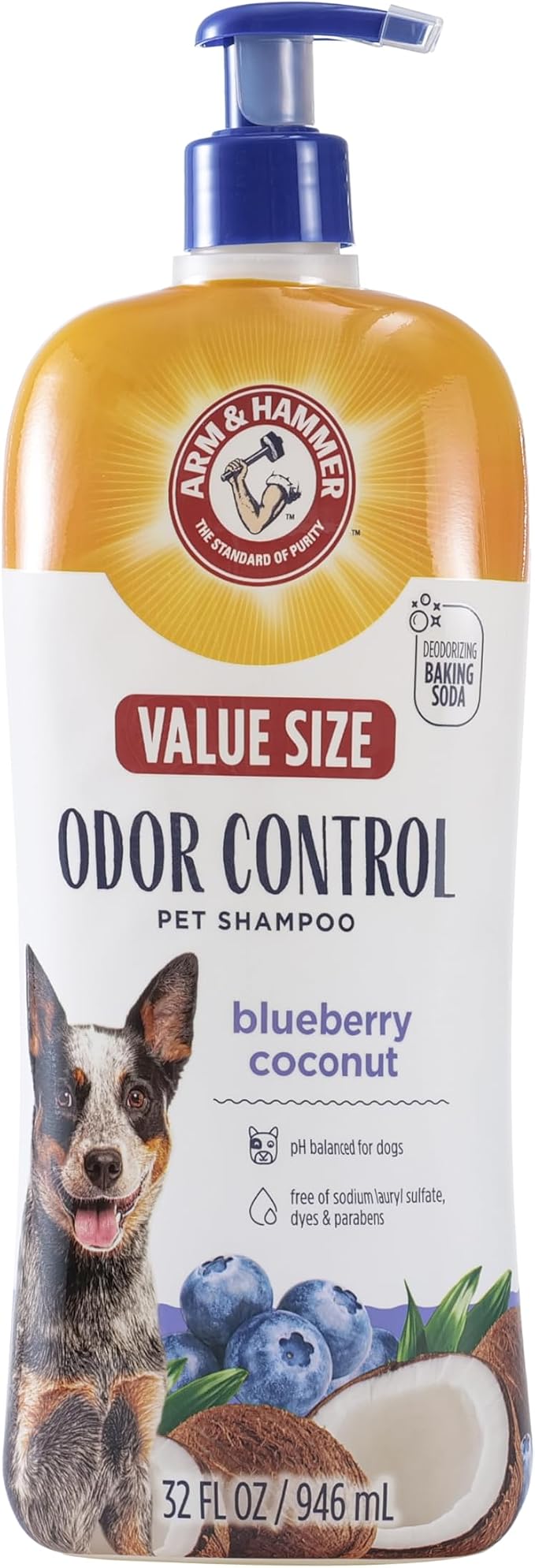 Arm & Hammer Odor Control Dog Shampoo, Blueberry Coconut, 32 Fl Oz | Baking soda enhanced, pH-balanced formula, free of sulfates, for all dogs and puppies, daily grooming