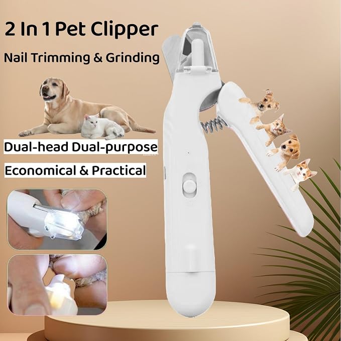 Quiet 2 in 1 Dog Nail Clippers & Cat Claw Trimmers,USB Rechargeable Claw Clippers for Small Medium Dogs and Cats,Cordless Safe Guard Nail Grinder with LED Lights White