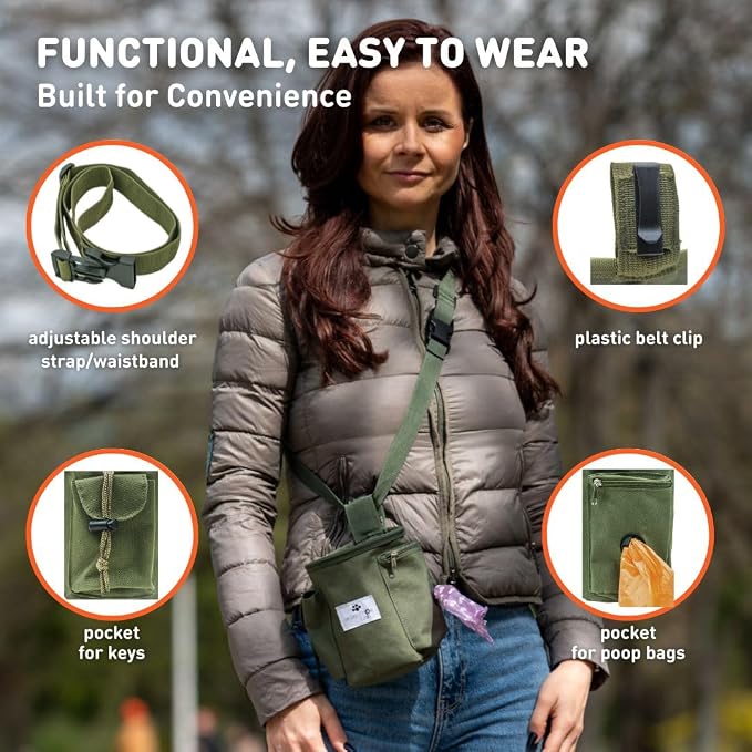 INSPECTOR TAIL Dog Treat Pouch for Training, Drawstring Bag, Hands Free | 2 Cup Tote, 4 Ways to Wear, No Bounce, Pull-Out Liner, Pockets for Snacks, Poop Bags & Keys, Pet Walking & Rewarding Holder