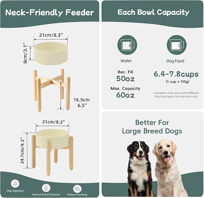 Havniva 8.3inch Ceramic Raised Dog Bowl with Stand, Elevated Dog Bowls for Large Breed Dog Food and Water Bowl Non-Slip Dog Dish Large Capacity Feeding Pet Water Bowl