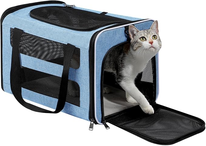 Cat Carrier Soft-Sided Travel Bag for Medium to Large Cats Over 15lbs, Small Dog Carrier Crate Top Entry Breathable Mesh Puppy 12 Pounds, Pet Rabbit Carrying Cage Kennel Collapsible Blue