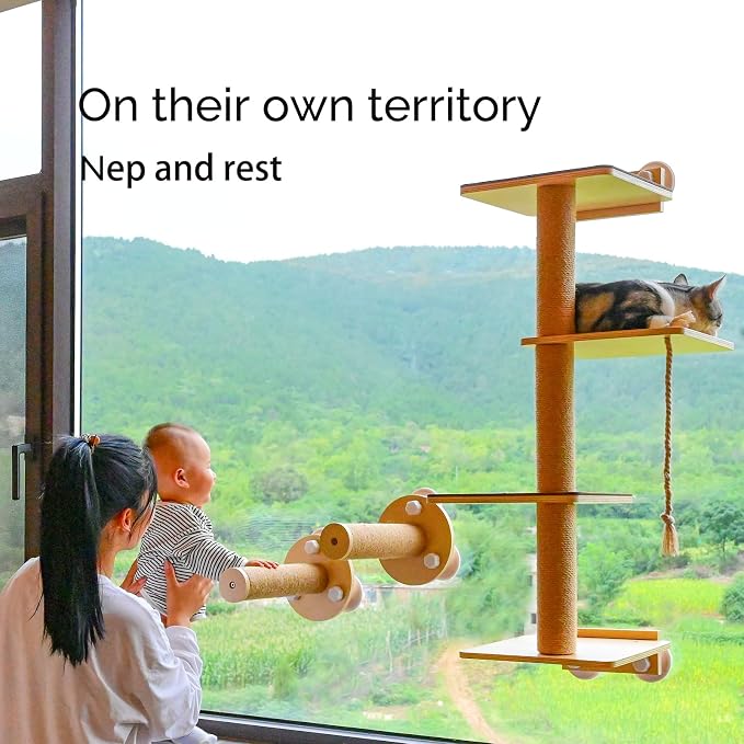 Cat Window Perch and Cat Wall Shelves 2 in 1 Cat Scratching Activity Tree Wall Mounted, Cat Scratch Post for Cats, Kittens with Cat Bed