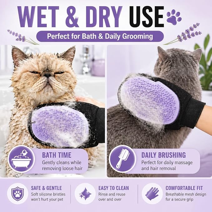 Pet Grooming Gloves for Dogs & Cats – Double Sided Deshedding Glove, Hair Remover & Massage Brush for Shedding Fur (Lavender)