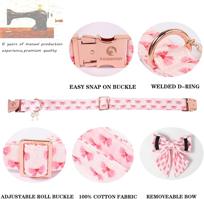 DOGWONG Valentine Dog Collar with Bow, Metal Buckle Adjustable Pink Bowtie Pet Valentine Collars for Puppies and Cats, XS