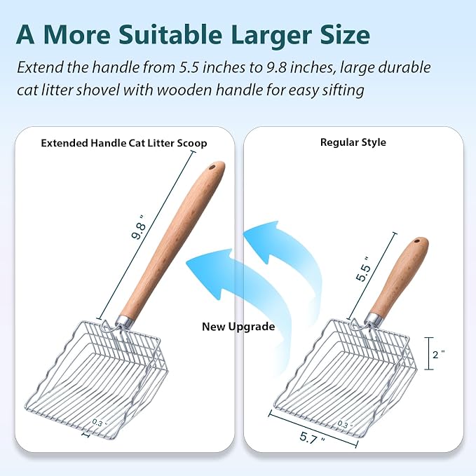 Cat Litter Scoop, 9.8" Long Handle, Metal Scooper for Litter Box | 0.3-inch Gap, Wooden handle, with Hook and Hole, Stainless Steel, Easy Cleaning, Durable, Heavy Duty, Odor-Free, Cats, dogs