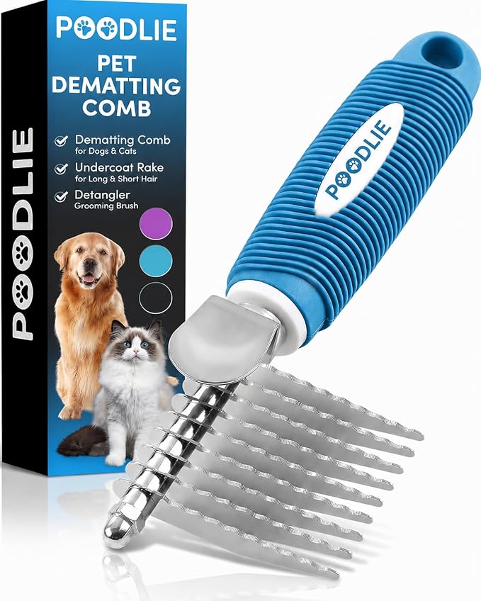 Poodle Dematting Fur Rake Comb Brush for Dogs and Cats - Long 2.5" Steel Safety Blades Metal Comb for Detangling Matted or Knotted Undercoat Hair