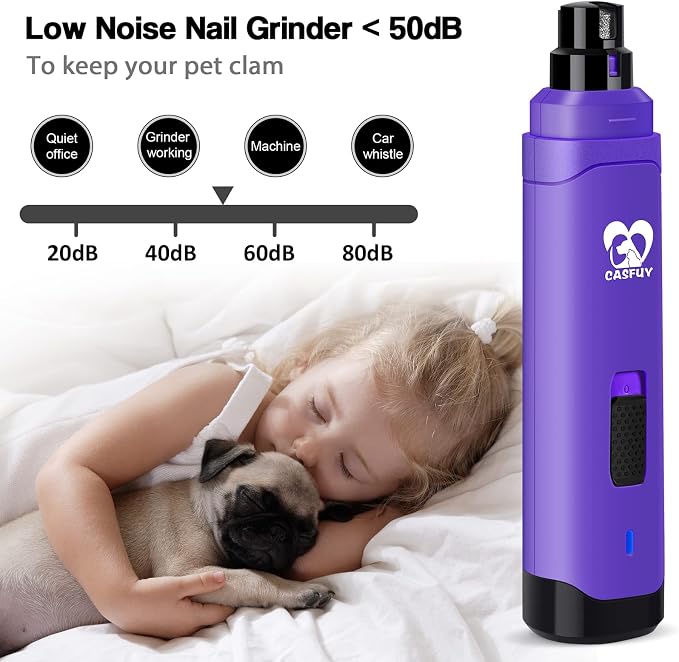 Casfuy Dog Nail Grinder Upgraded - Professional 2-Speed Whisper-Quiet Electric Pet Nail Trimmer Painless Paws Grooming & Smoothing for Small Medium Large Dogs & Cats (Purple)