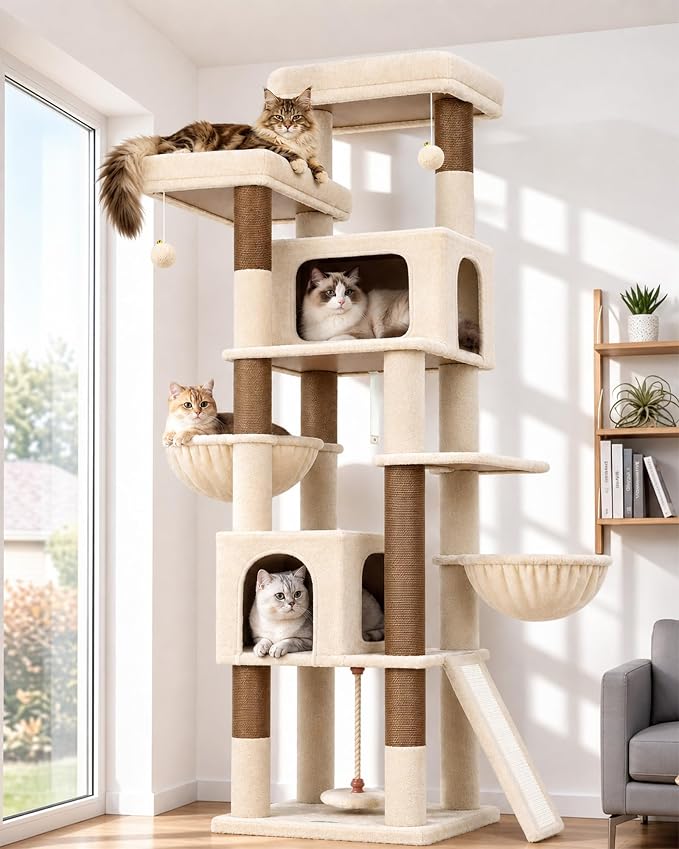 Globlazer 75in Tall Cat Tree Tower for Indoor Cats, F75B, Light Grey | Large Cat Tree for Indoor Cats Large Adult, Multi-Level Cat Tower with 7 Scratching Posts, 2 Cat Condos, 2 Top Perches