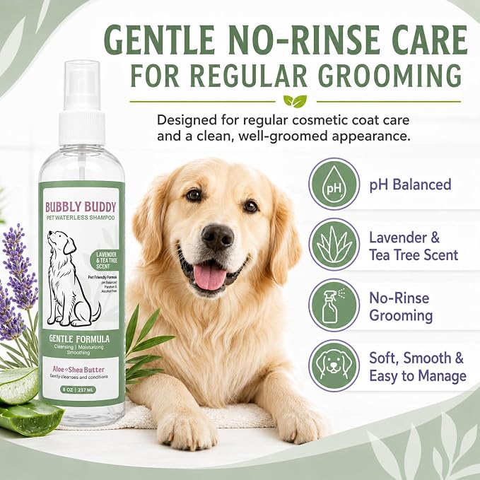 Pet Waterless Shampoo for Dogs, No-Rinse Dog Shampoo Spray with Aloe, Shea Butter, Colloidal Oatmeal, Jojoba Oil, Vitamin E & Tea Tree Oil, pH Balanced, Lavender & Tea Tree Scent, 8 fl oz