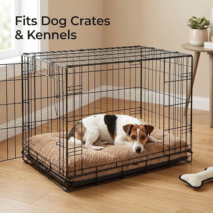 24 Inch Dog Crate Bed for Small Dogs, Washable Dog Crate Pad for Dog Cages, Soft Jacquard Flannel Kennel Mat with Anti-Slip Bottom, Fluffy Crate Mat for Puppies and Small Dogs,Khaki