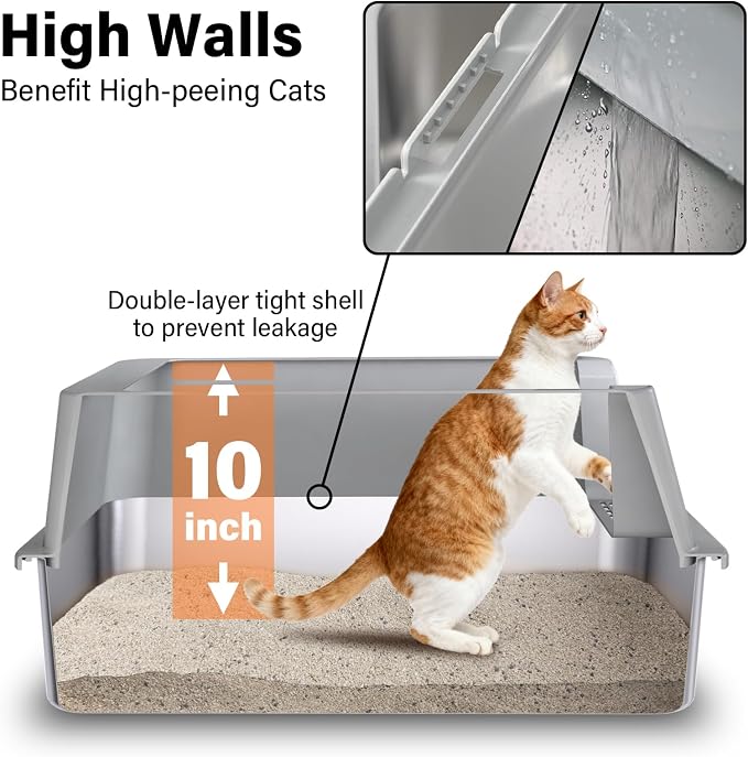 Stainless Steel Cat Litter Box with Lid,XL Extra Large Litter Box | Metal litter box for Big Cats with High Sided,2Pack,Non-Sticky,Easy Cleaning, Include Litter Mat & Scoop,23x14.6x9.9in