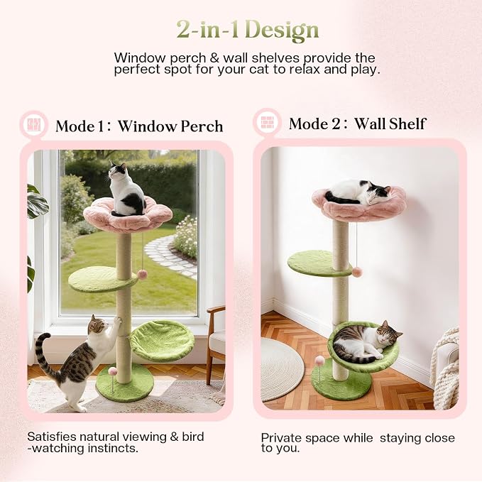 2 Ways Cat Window Perch, Flower Window Perch for Cats Inside with Hammock & Jumping Paltform, Cats Window Bed with Tall Sisal Scratching Post, Cat Hammock for Windows with 2 Strengthened Suction Cups