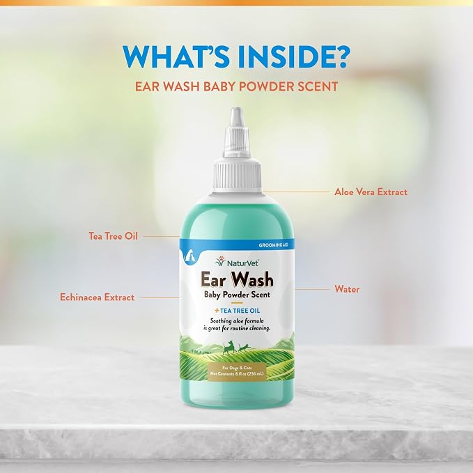 NaturVet Ear Wash with Tea Tree Oil Aloe & Baby Powder Scent | 8 oz