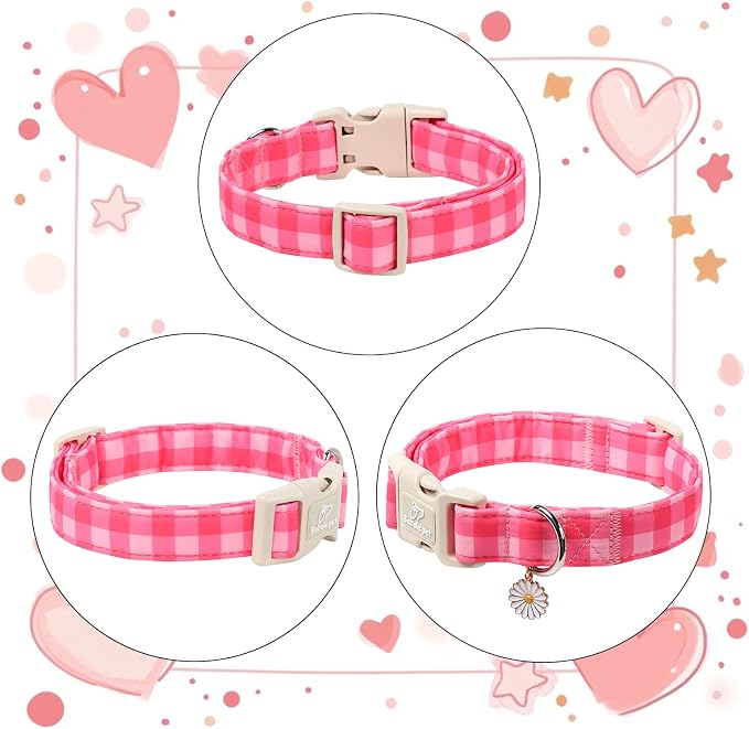Girl Dog Collar for Medium Dogs - Cute Pink Plaid Puppy Collar, Soft Adjustable Spring Summer Female Dog Collars with Quick Release Buckle M