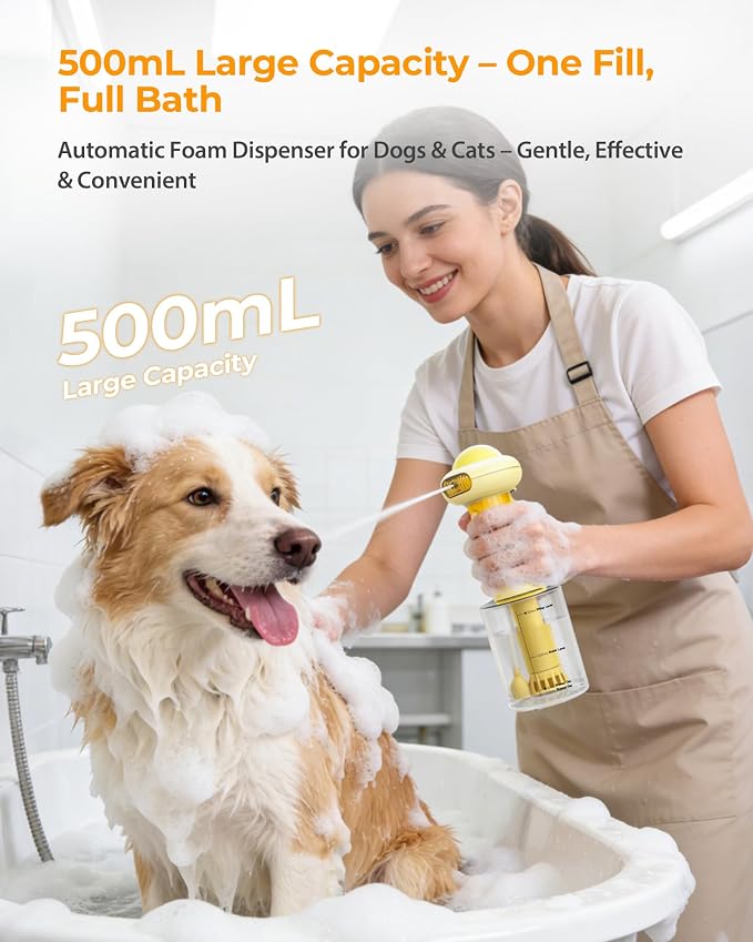 Electric Dog Shampoo Dispenser with Auto Mixing, Magnetic Charging Dog Shampoo Foamer, 500ml Pet Shampoo Sprayer with LED Indicator & Silicone Grip, IPX7 Waterproof Dog Soap Dispenser