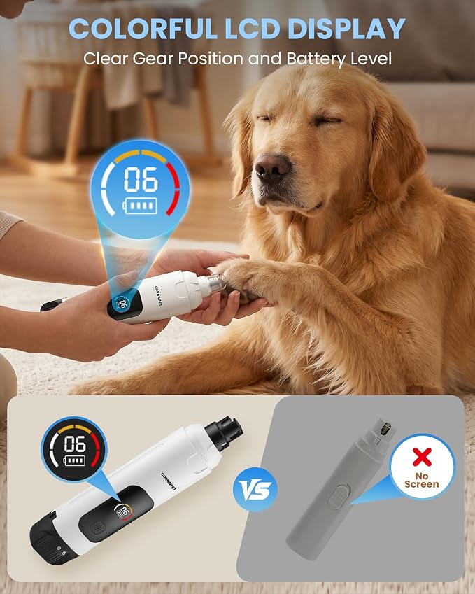 Dog Nail Grinder with New LCD Display,25dB Quiet 6-Speed Dog Nail Trimmer Avoid Anxiety,1.5H Fast Charge,2 LED Safe Lights,50% More Power - Painless Pets Nails Grinding - White