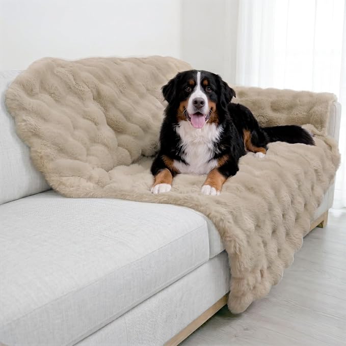 Paw Inspired Waterproof Dog Blanket, Soft Faux Fur Throw with Fur-Resistant Fleece, Washable Pet Blanket, Waterproof Protection for Couch, Bed, Furniture, Crate, Car (80x60, Tan)