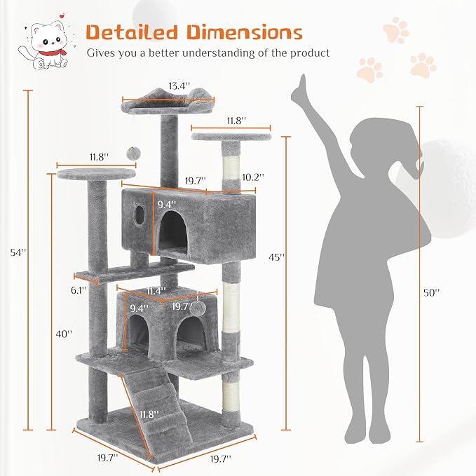 Sweetcrispy 54-inch Cat Tree Tower with Scratching Posts, Indoor Use | Multi-Level Indoor Cat Tree Condo with Climbing Ladder, Plush Toy, Play House for Kitten, Light Grey