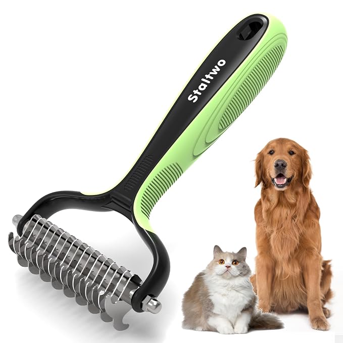 Staltwo Deshedding Dog Brush, Deshedding Undercoat Rake for Dog&Cat | Green Extra-Wide Double-Sided Pet Grooming tool | Shedding Control for Long/Medium-Haired Dogs and Cats, Knot Removal