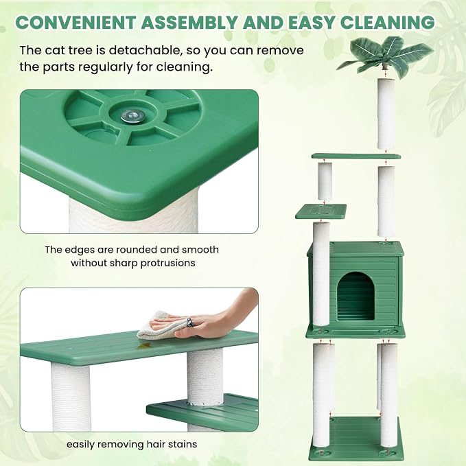 Outdoor Tall Weatherproof Cat Tree Tower with PE Board and Cat Scratch Post | 72in Green Multi-Level Cat Tree with Spacious Cat Condo,Waterproof Board,Easy to Assemble&Clean,for Indoor&Outdoor Use CTT-4
