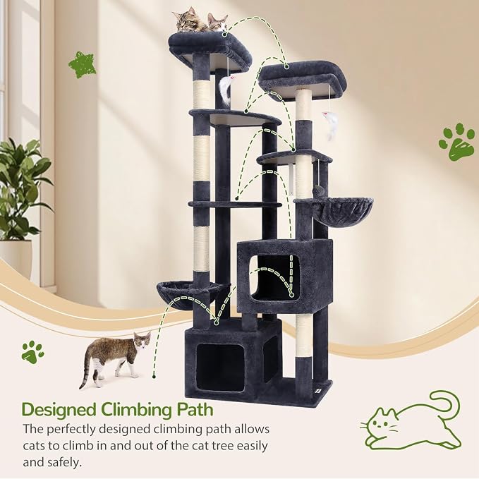 Globlazer S74E Pro Heavy Duty Maine Coon Cat Tree for Large Cats, Dark Grey | 74in Sturdy Multi-Level Tall Cat Tree Tower for Indoor Adult Cats with Scratching Posts, 2 Cat Condos, 2 Top Perches