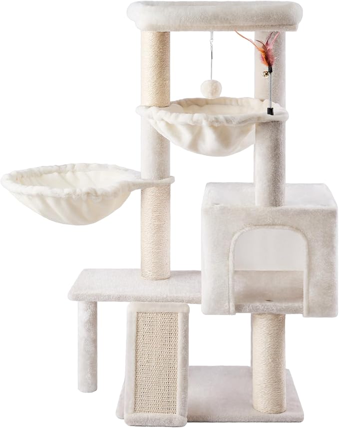 Cat Tree with Cat Condo and Two Hammocks, Cat Tree with Scratching Posts and Scratching Pads, Cat Tower for Indoor Cats, Activity Centre Climbing Tree with Playful Toy Balls, Beige