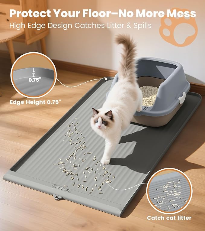 Cat Litter Mat 36"x24", Waterproof Litter Trapping Mat, Grey | Raised Edges Prevent litters, Diversion Grooves, Non-slip Backing, Easy to Clean