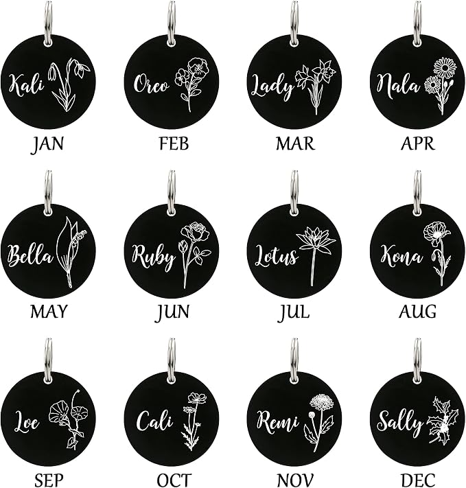 Ultra Joys Personalized Dog Tags for Pets - Durable Stainless Steel Customizable Dog Cat ID Tags - Dog Tags for Safety Optional Engraved on Both Sides -Birth Flower Round Dog Tag Small, Black