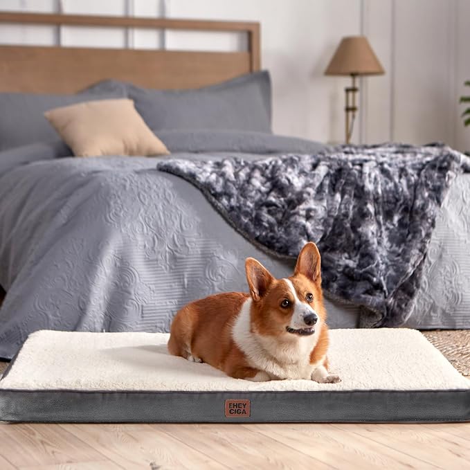 EHEYCIGA Orthopedic Dog Bed Large with Removable Washable Cover, 44IN Beige | Egg Crate Foam Support, Durable Oxford fabric, Non-Slip Bottom, Machine Washable, Soft Waterproof Plush Pet Bed Mat For Crate