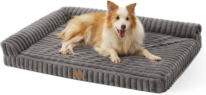 COZY KISS Faux Rabbit Fur Large Dog Bed – 44"x32" Orthopedic Foam Couch with Sides, Removable Washable Cover & Waterproof Lining, Grey