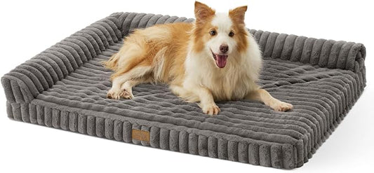 COZY KISS Faux Rabbit Fur Large Dog Bed – 44"x32" Orthopedic Foam Couch with Sides, Removable Washable Cover & Waterproof Lining, Grey