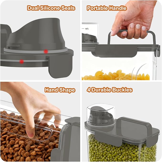 Uppetly Dog Cat Food Storage Container, 5-7Lbs Pet Food Containers, Airtight Cat Food Container with Portable Handle & Measuring Cup, Small Animal Dry Food Dispenser for Dogs, Cats and Birds Grey