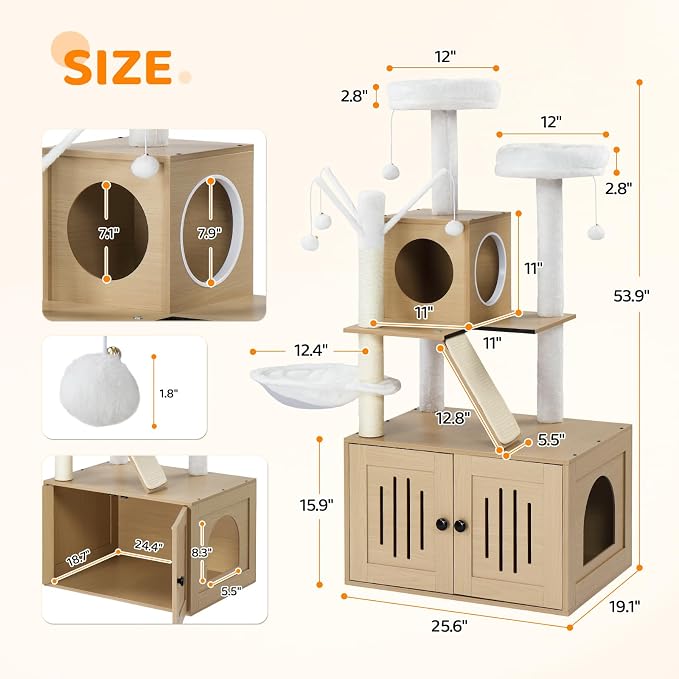 VINGLI Cat Tree Tower with Litter Box, 54" H All-in-1 Wooden Cats Condo, Cat Tower wih Scratching Posts, Houses for Indoor Kittens Hidden Cat Washroom Furniture (Light Brown Cabinet)