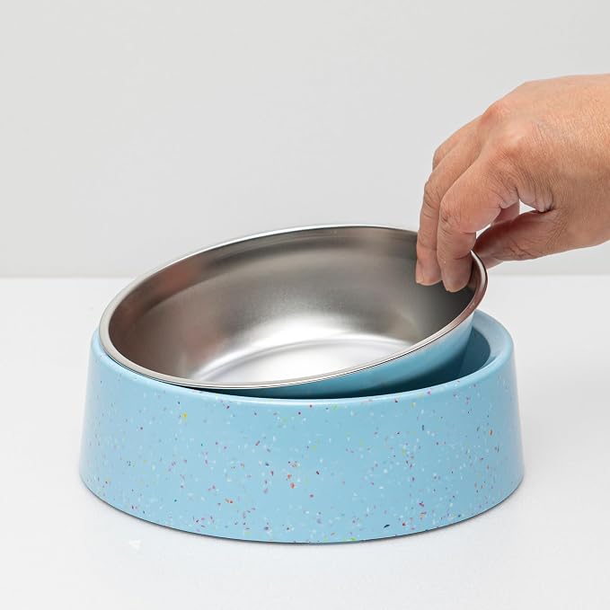 bzyoo 32oz 4CUP Dog & Cat Bowl, Sprinkle Design, Slanted Stainless Steel Pet Bowl with Removable Inner Bowl, Non-Slip Silicone Base, Dishwasher Safe, for Dry/Wet/Raw Food & Water (Blue)